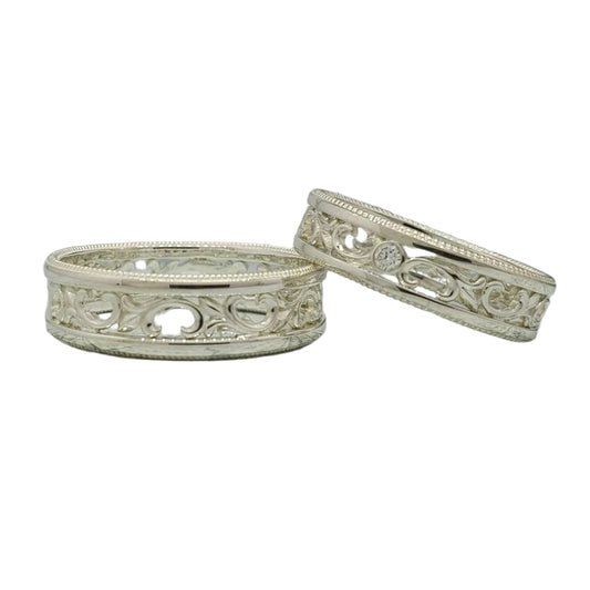 Silver wedding rings, patterned wedding rings