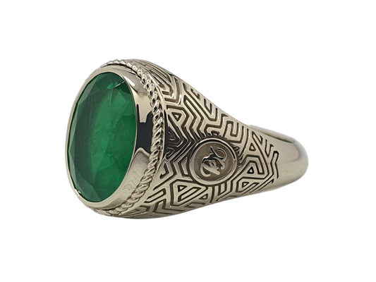 585 White Gold Purity, an Unusual Men's Ring with Emerald