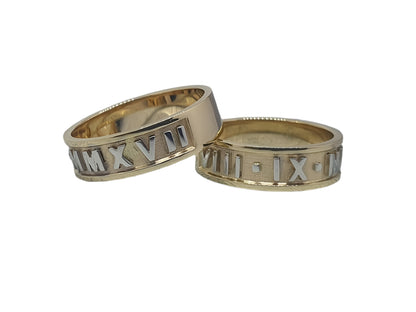 585 Yellow/White Gold Unusual Wedding Rings with Roman Numerals Pattern