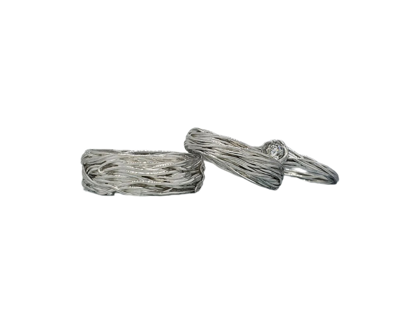 925 Silver Paired Braided Engagement Rings with Rhodium-Plated and Encrusted Phyanite