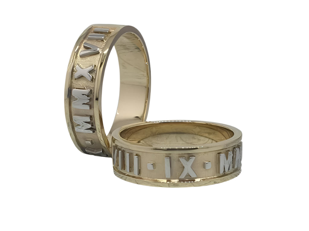 585 Yellow/White Gold Unusual Wedding Rings with Roman Numerals Pattern