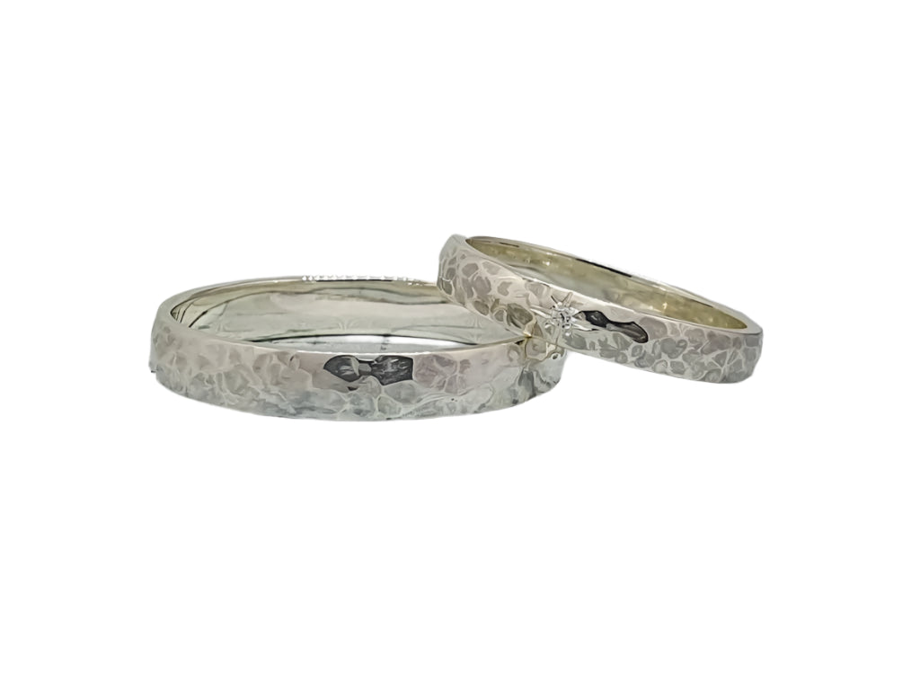 Textured wedding rings with stone, silver anniversary rings