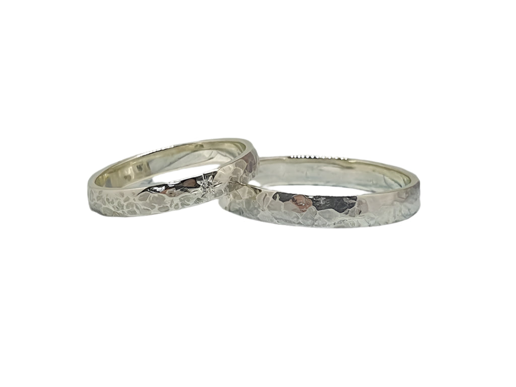 Textured wedding rings with stone, silver anniversary rings