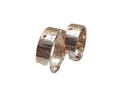 585 White/Rose Gold Exclusive Wedding Rings with Diamonds 0.024 ct and Rubies 0.024 ct