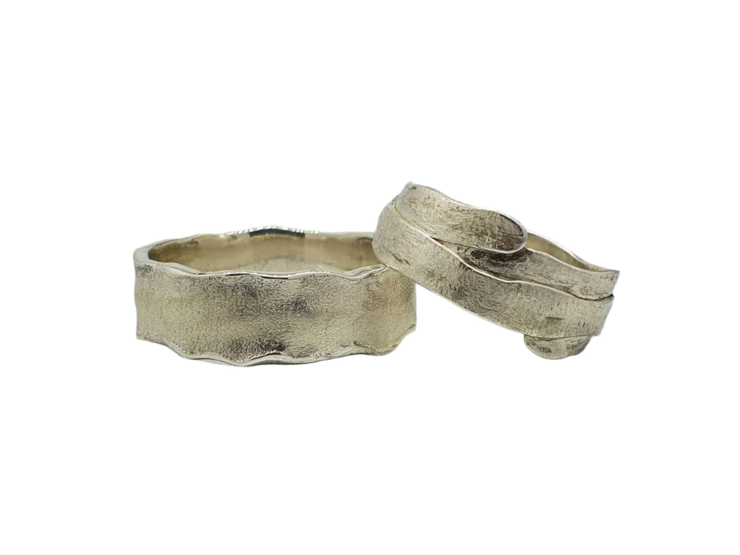 Unusual silver wedding rings, textured rings