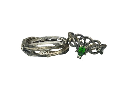 925 Silver Paired Engagement Rings "Branches" with Rhodium-Plated and Encrusted Phyanite