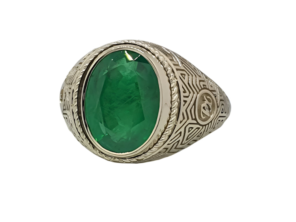 585 White Gold Purity, an Unusual Men's Ring with Emerald