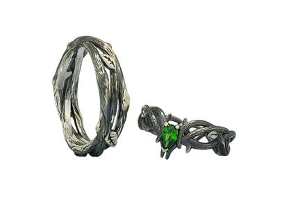 925 Silver Paired Engagement Rings "Branches" with Rhodium-Plated and Encrusted Phyanite