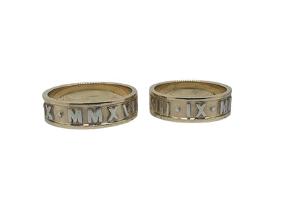 585 Yellow/White Gold Unusual Wedding Rings with Roman Numerals Pattern