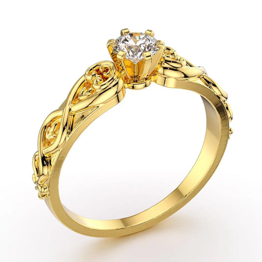 18k Yellow Gold Engagement Ring with Natural Diamond Elegant Patterned